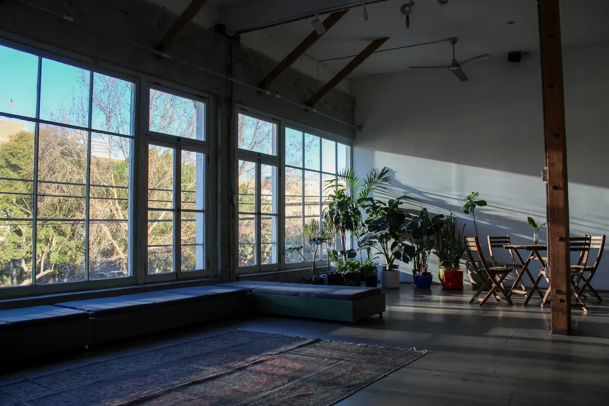 Studio A: the window wall, with seating and plants along it