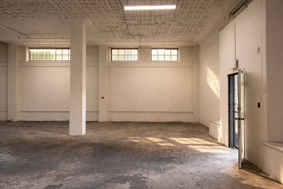 A ground-floor unit: white walls, a concrete floor and afternoon light through the door